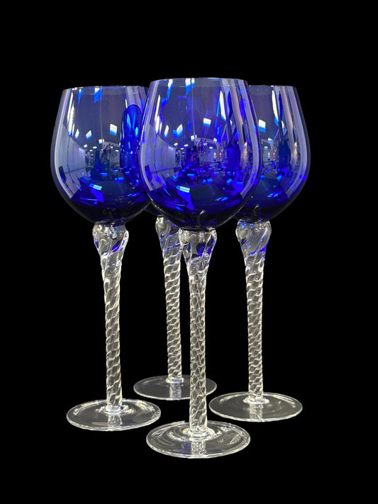 Set of 4 Tall-Stemmed Blue Glass Goblets