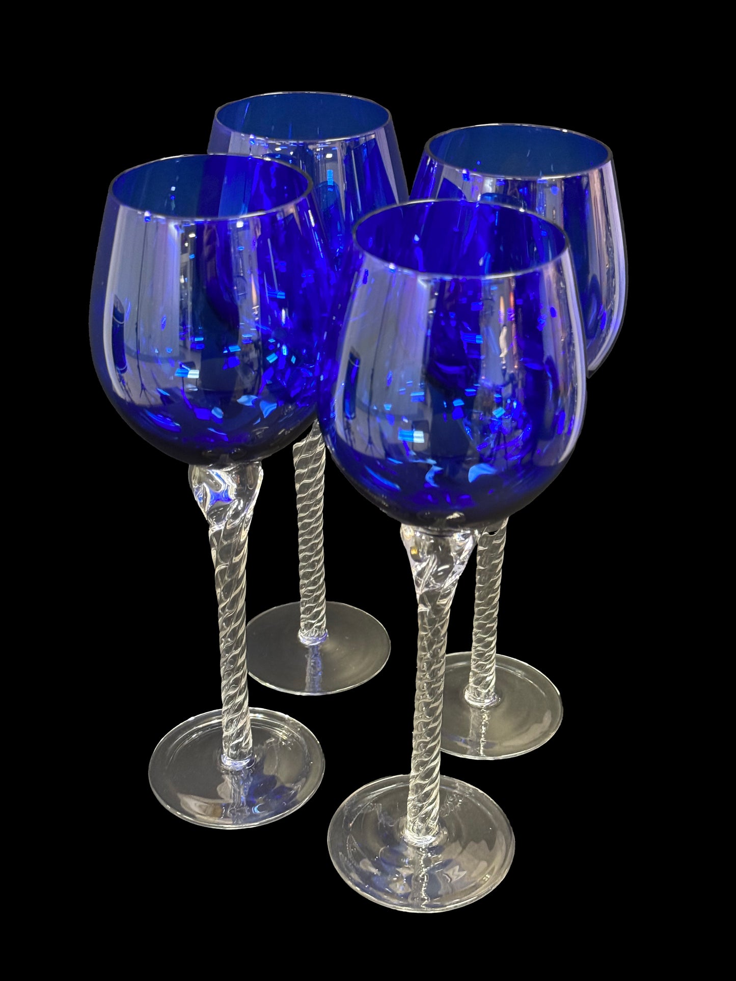 Set of 4 Tall-Stemmed Blue Glass Goblets