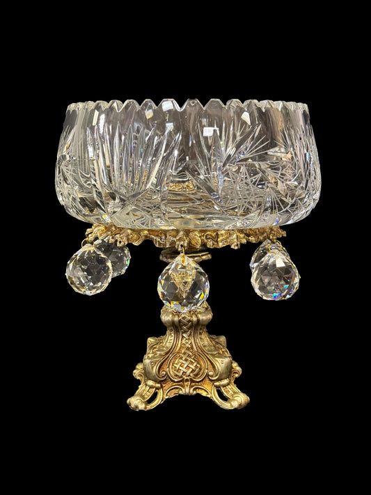 Crystal Bowl with Ornate Brass Pedestal & Tear Drop Crystals