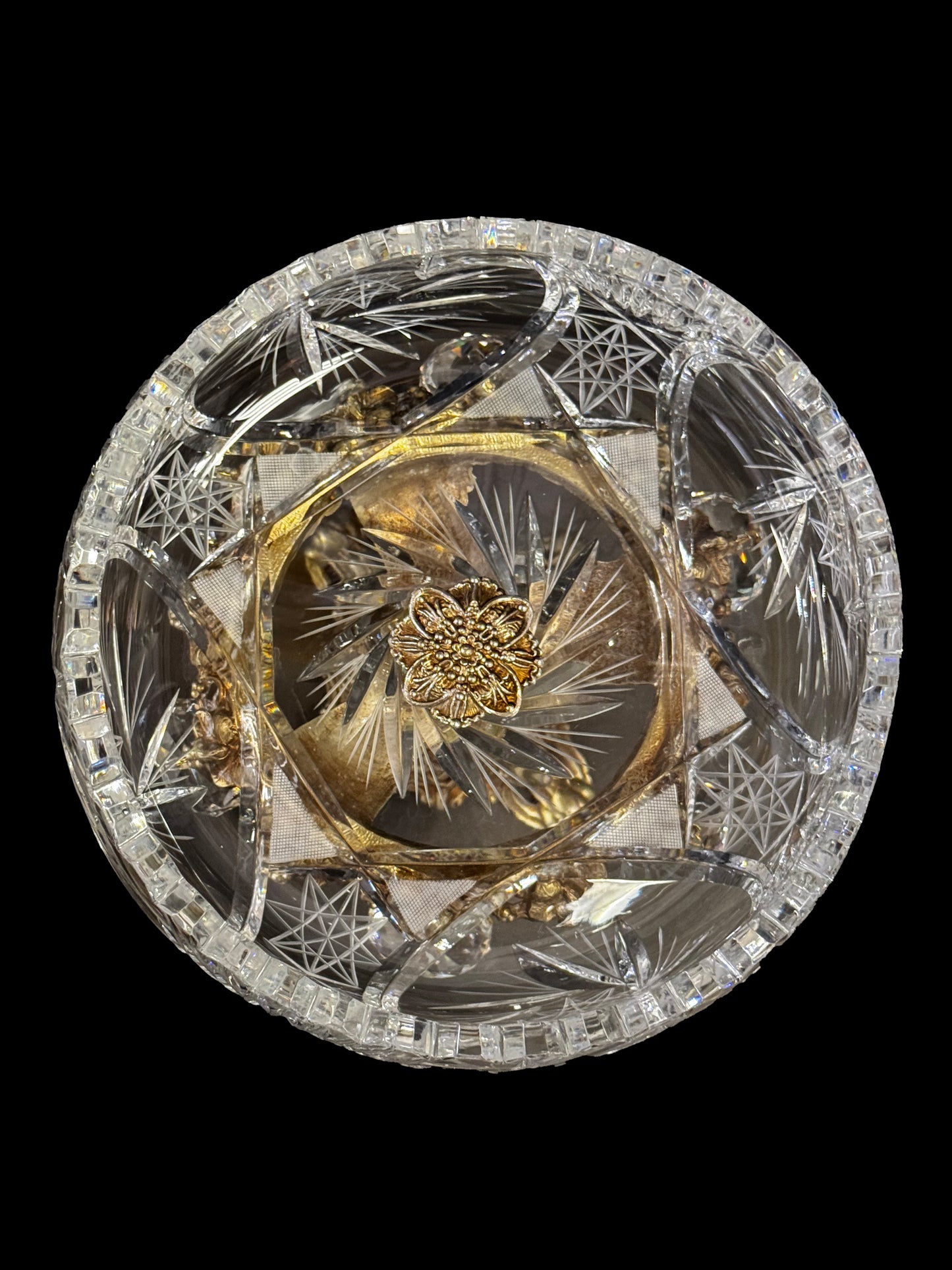 Crystal Bowl with Ornate Brass Pedestal & Tear Drop Crystals