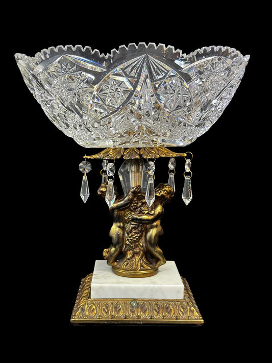 L&L Crystal Bowl with 2 Cherub Brass Pedestal & Drop Crystals