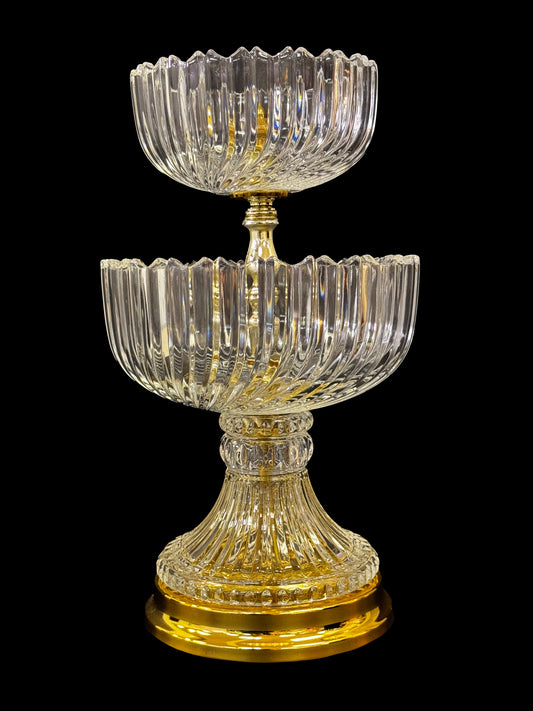 2 Tier Scandinavian Crystal Bowls & Crystal Covered Gold Brass Pedestal