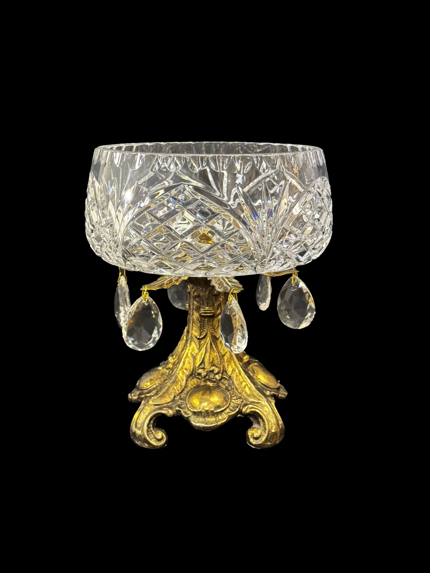 L&L Cut Crystal Compote Bowl on Brass Pedestal & Tear Drop Crystals