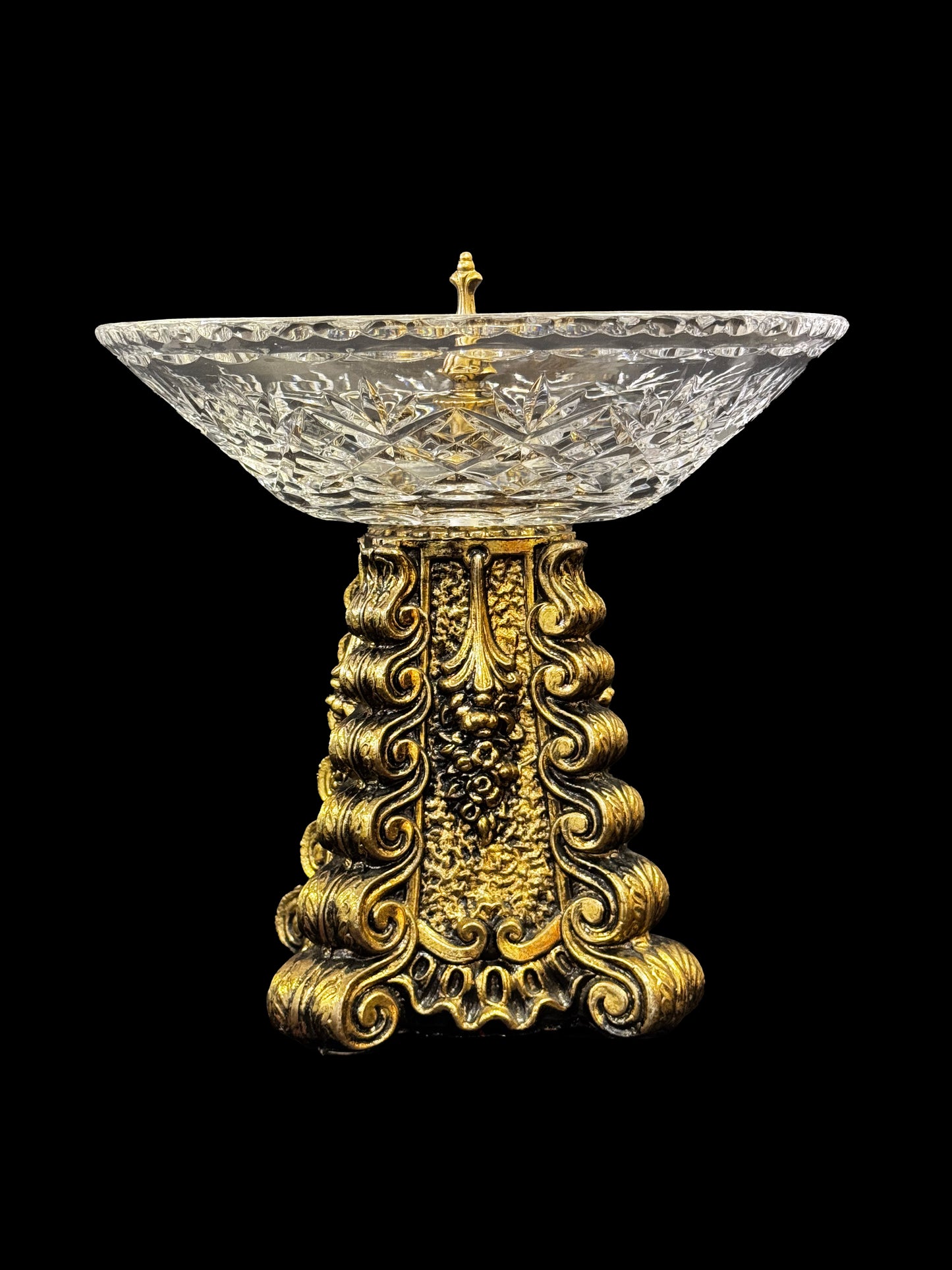 Crystal Bowl with Ornate Pyramid Brass Pedestal