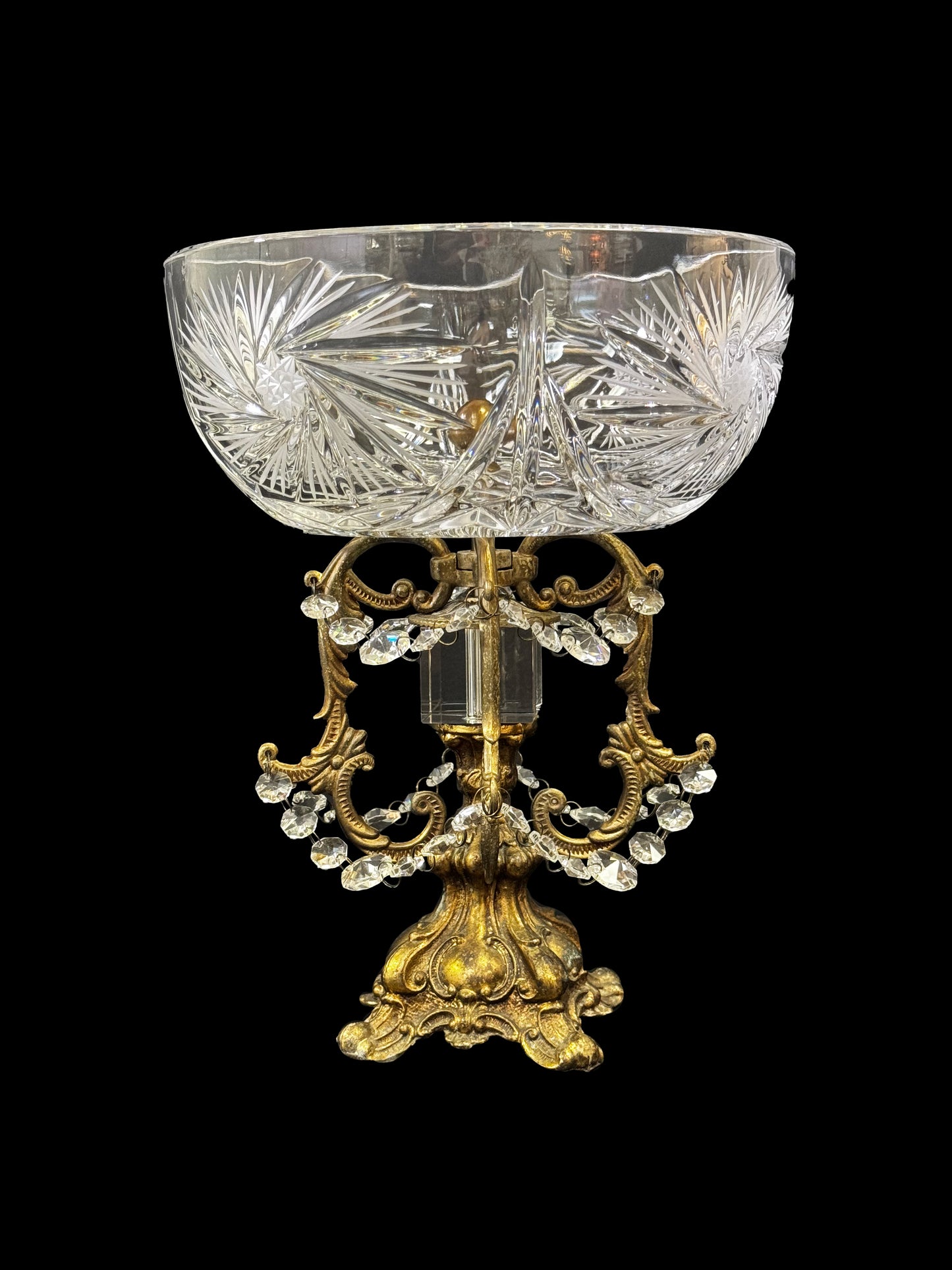 Crystal Compote with Intricate Brass Base & Crystal Pendants