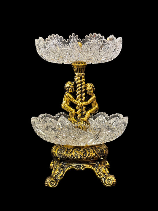 2 Tier Brilliant Cut Cradle Bowls with 2 Cherub Brass Pedestal