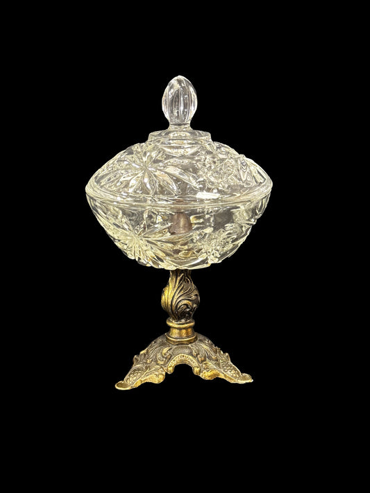 Ornate Crystal Dish with Brass Stand and Lid