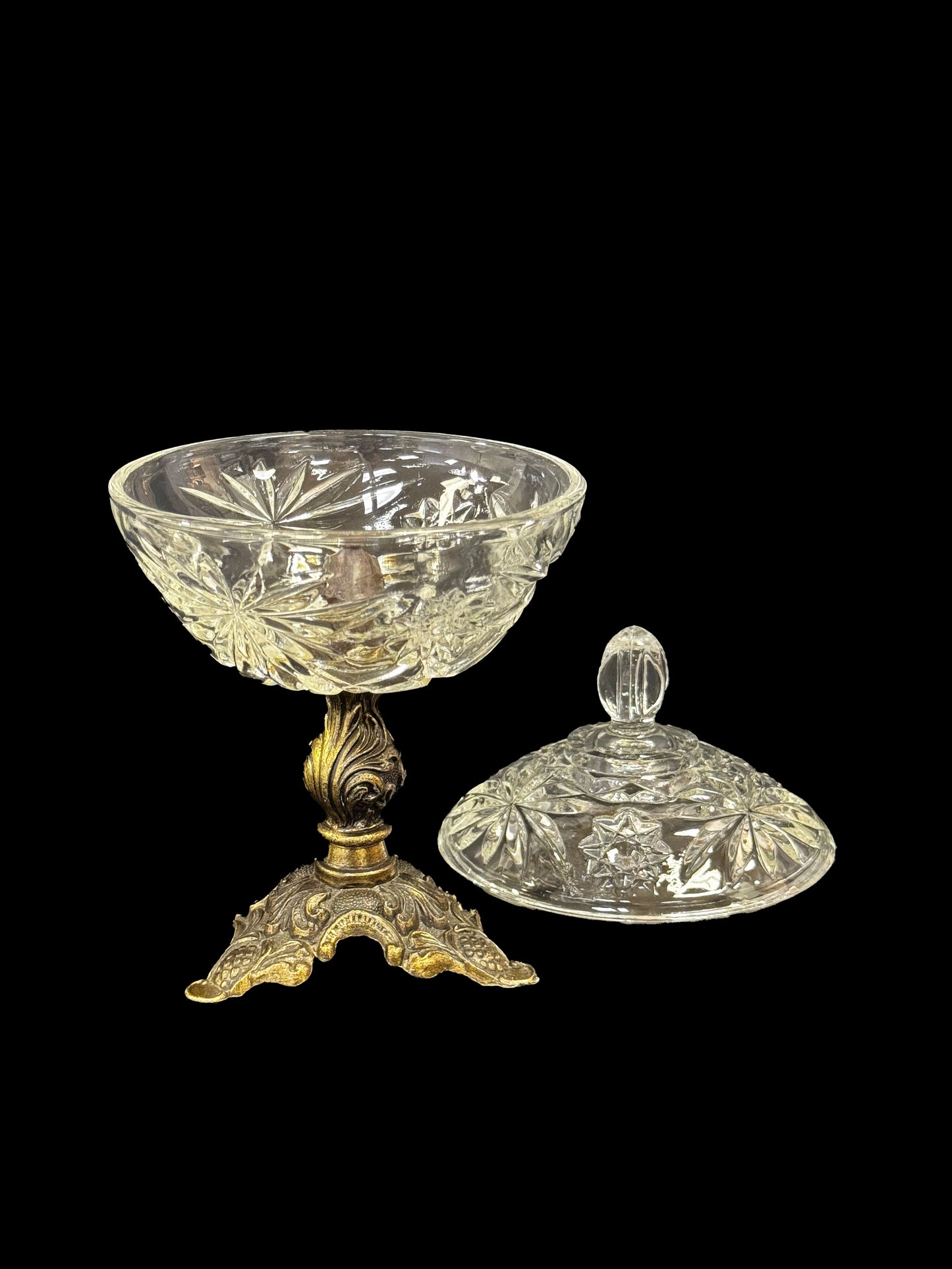 Ornate Crystal Dish with Brass Stand and Lid