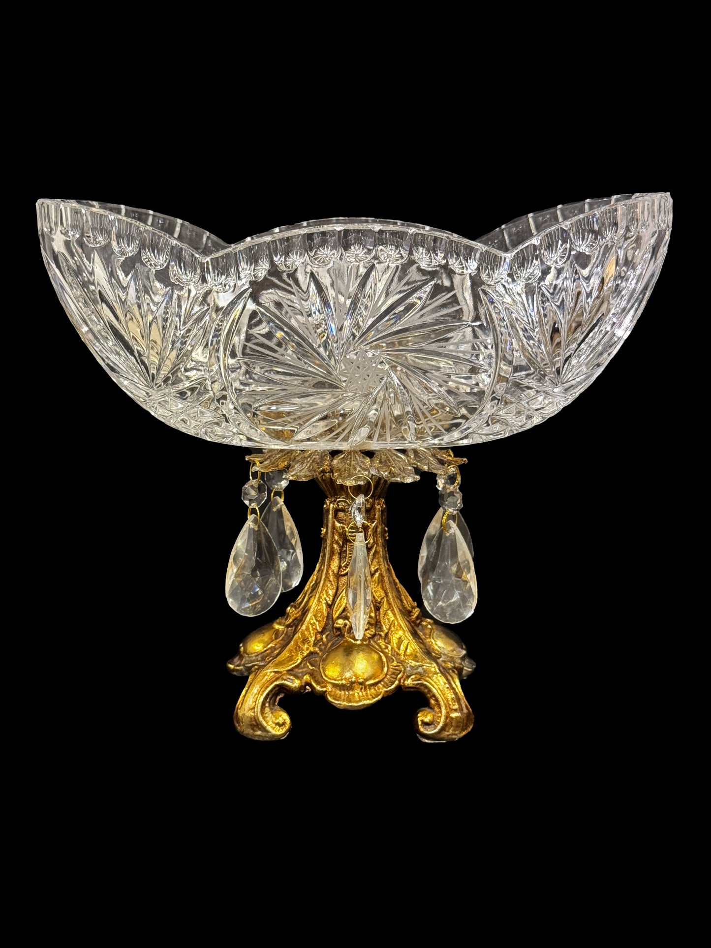 Crystal Compote With Ornate Brass Pedestal & Tear Drop Crystals