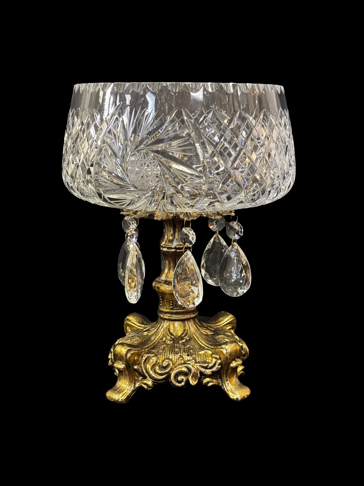 L&L Cut Crystal Bowl on Ornate Pedestal & Tear Drop Crystals