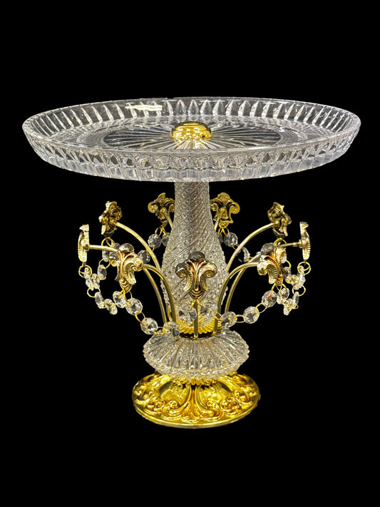 Cut Crystal Plate with Orante Crystal with Brass Pedestal & Crystal Pendants