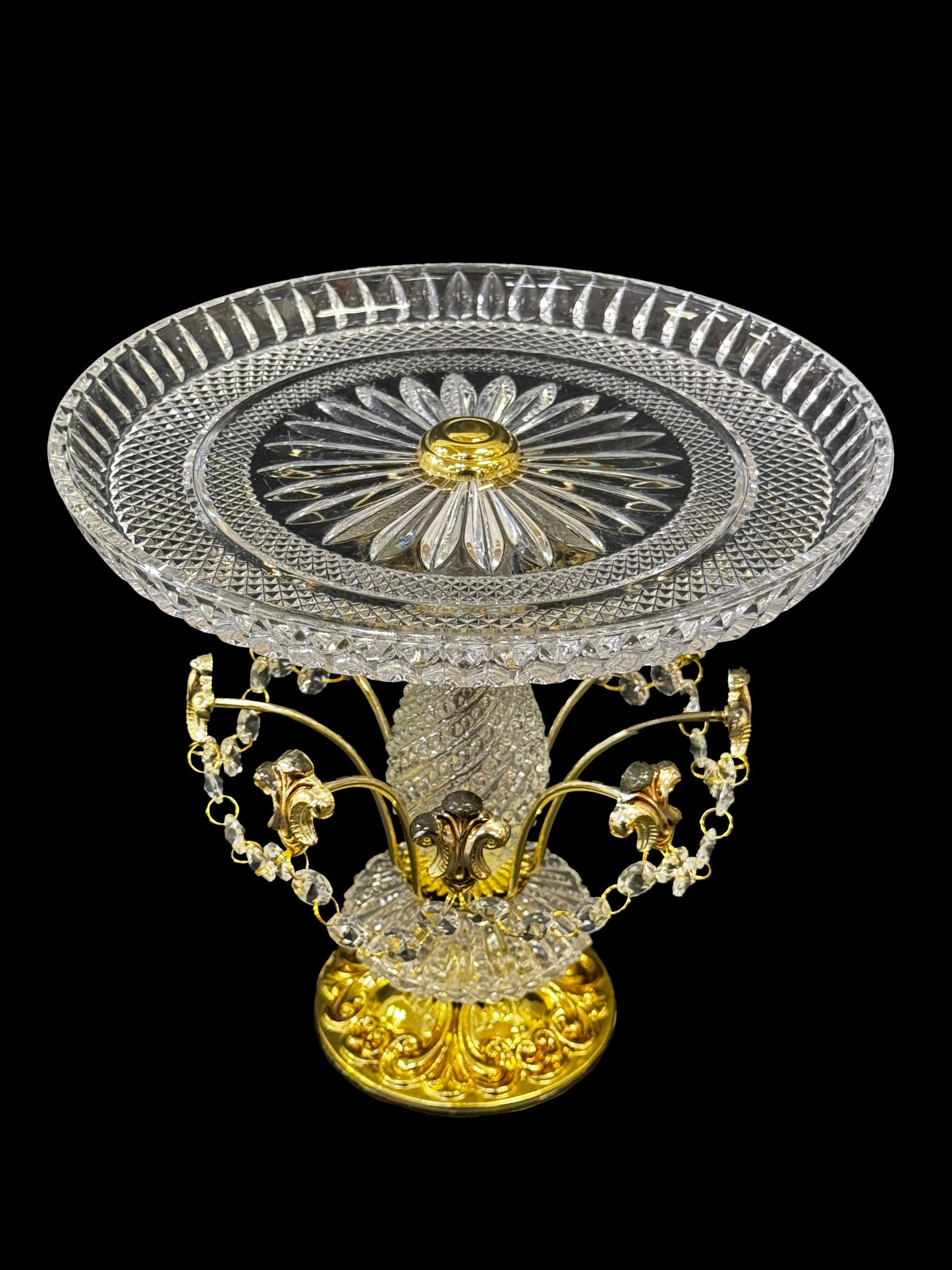 Cut Crystal Plate with Orante Crystal with Brass Pedestal & Crystal Pendants