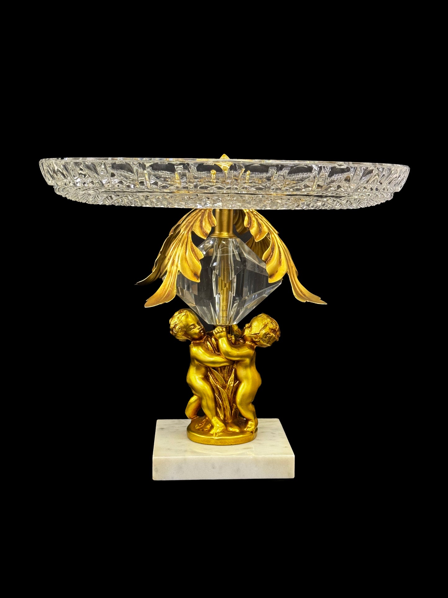 Crystal Platter with 2 Brass Cherubs and Marble Pedestal