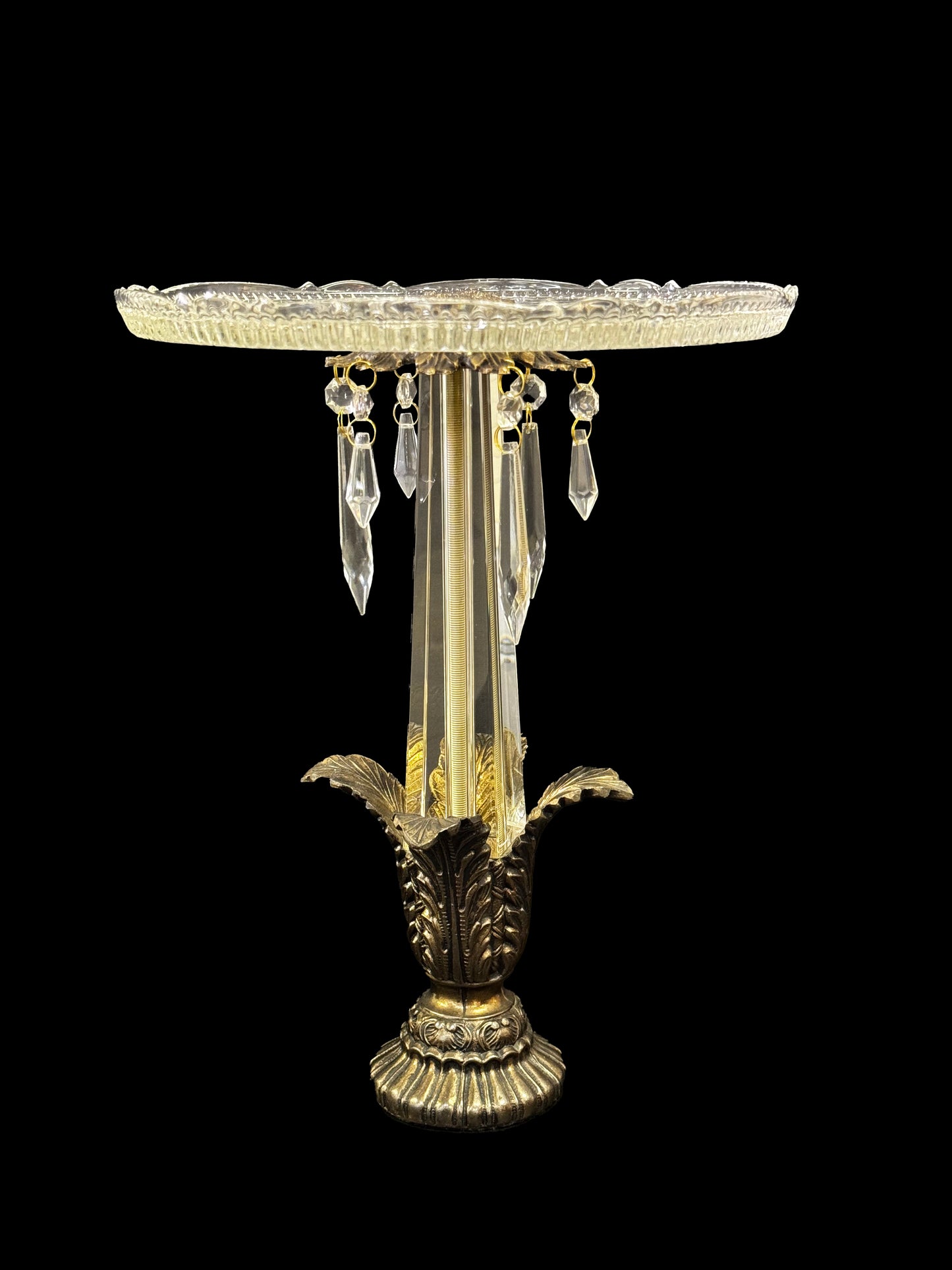 Crystal Serving Plate with 4 Leaf Brass Pedestal and Drop Crystals