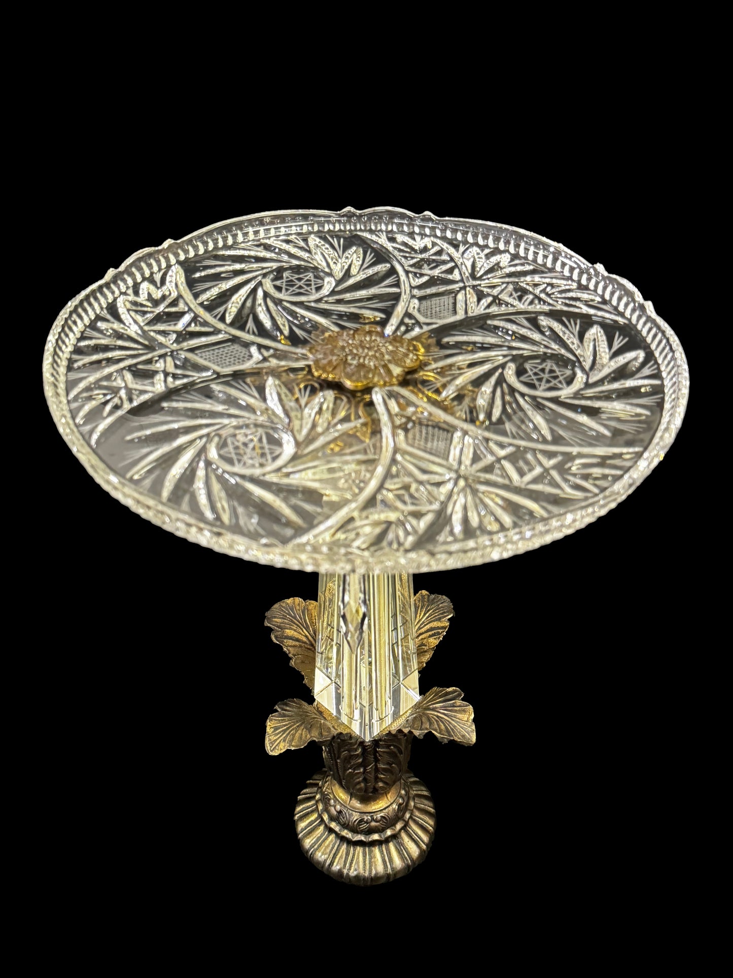 Crystal Serving Plate with 4 Leaf Brass Pedestal and Drop Crystals