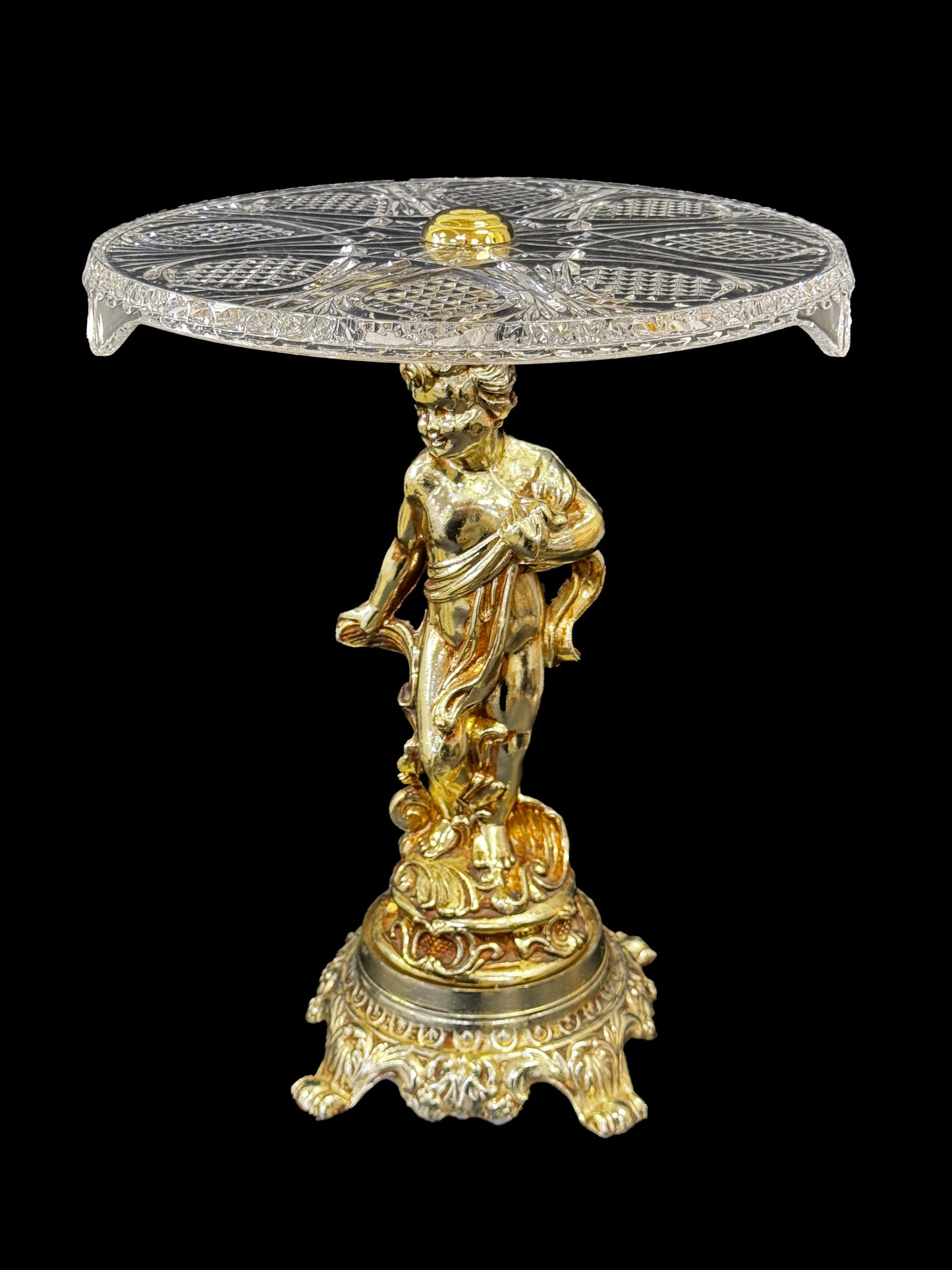 Crystal Serving Plate with Brass Cherub Pedestal