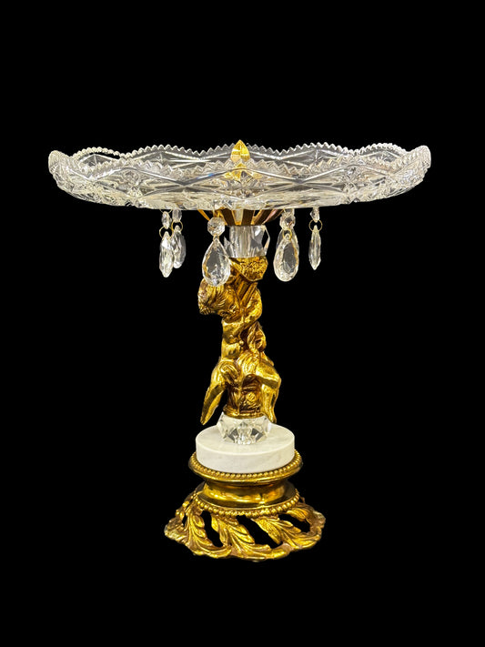 Brilliant Cut Tray with Gold Brass Cherub Marble Base & Tear Drop Crystals