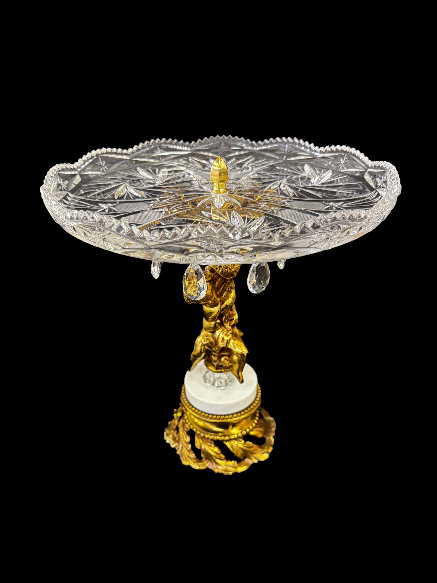 Brilliant Cut Tray with Gold Brass Cherub Marble Base & Tear Drop Crystals