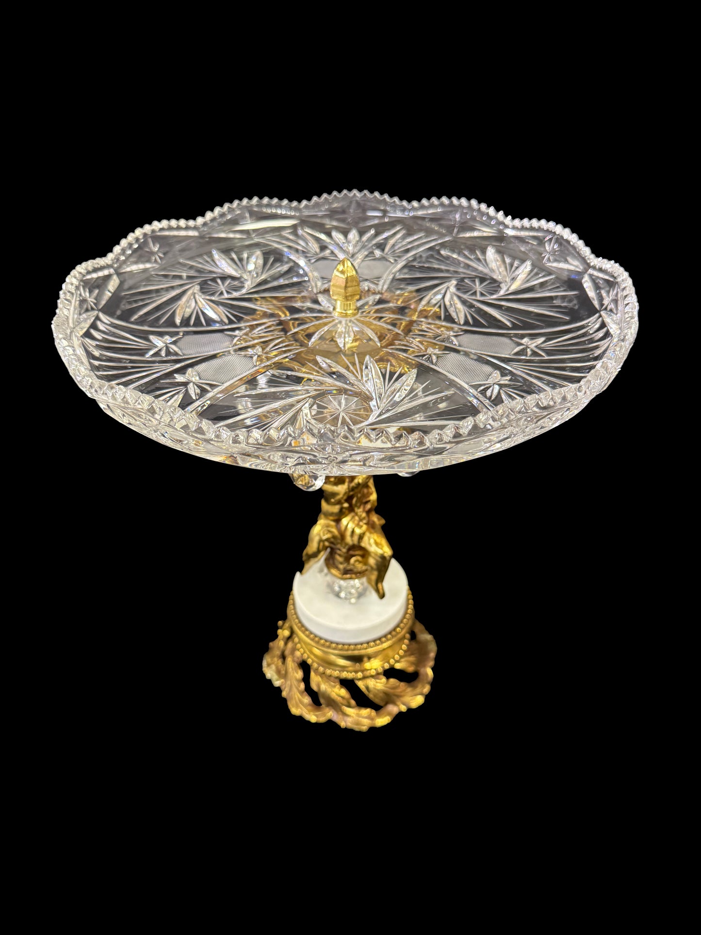 Brilliant Cut Tray with Gold Brass Cherub Marble Base & Tear Drop Crystals