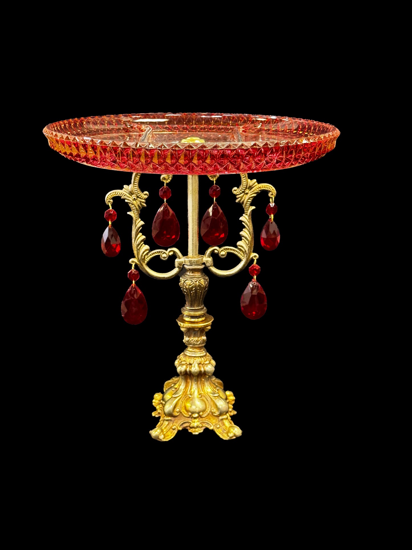 Red & Clear Crystal 3 Section Tray with Ornate Brass Pedestal & Red Tear Drop Crystals