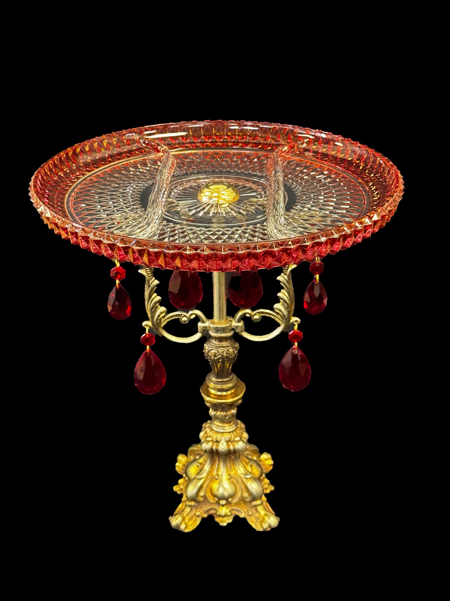 Red & Clear Crystal 3 Section Tray with Ornate Brass Pedestal & Red Tear Drop Crystals