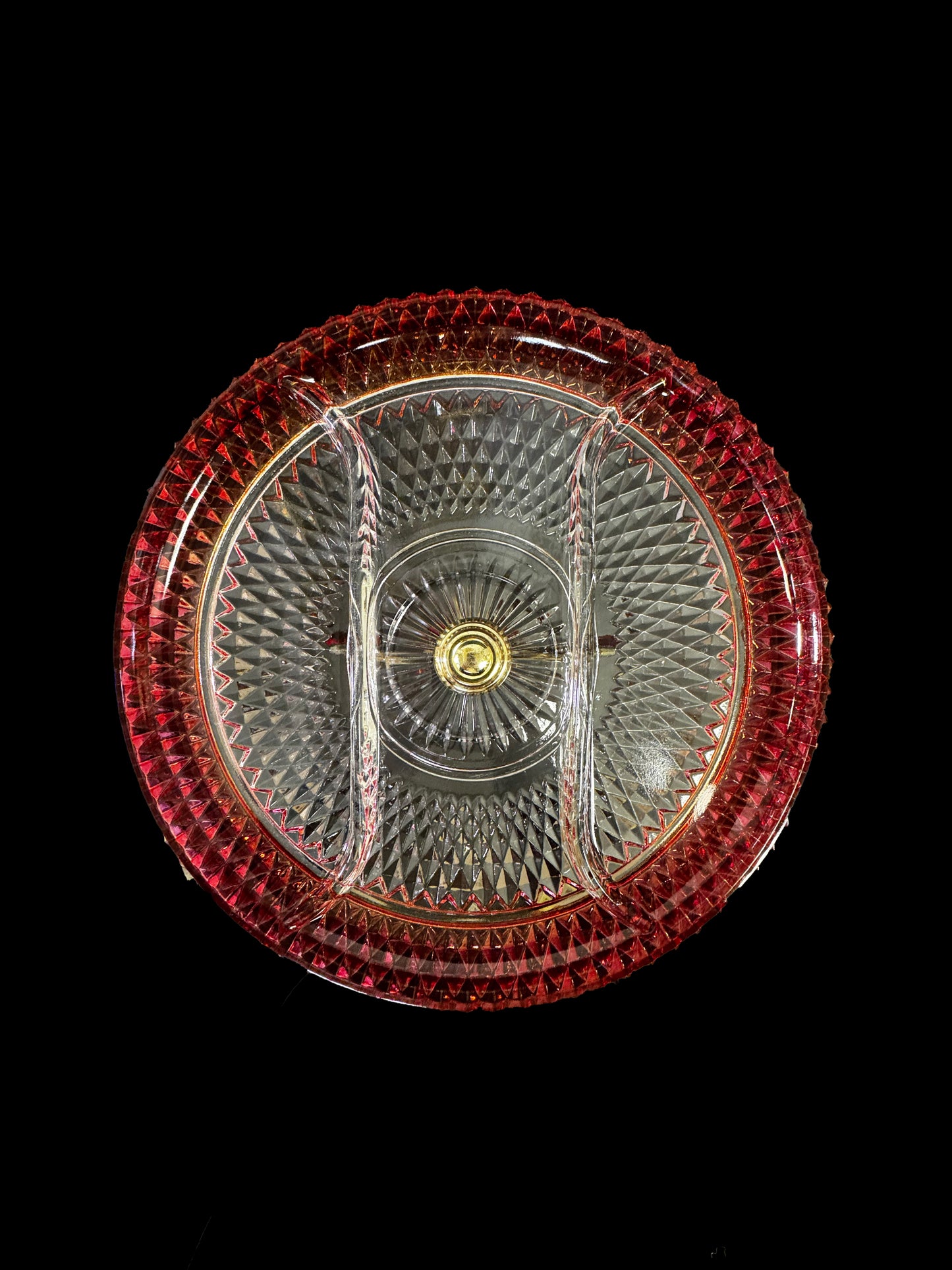 Red & Clear Crystal 3 Section Tray with Ornate Brass Pedestal & Red Tear Drop Crystals