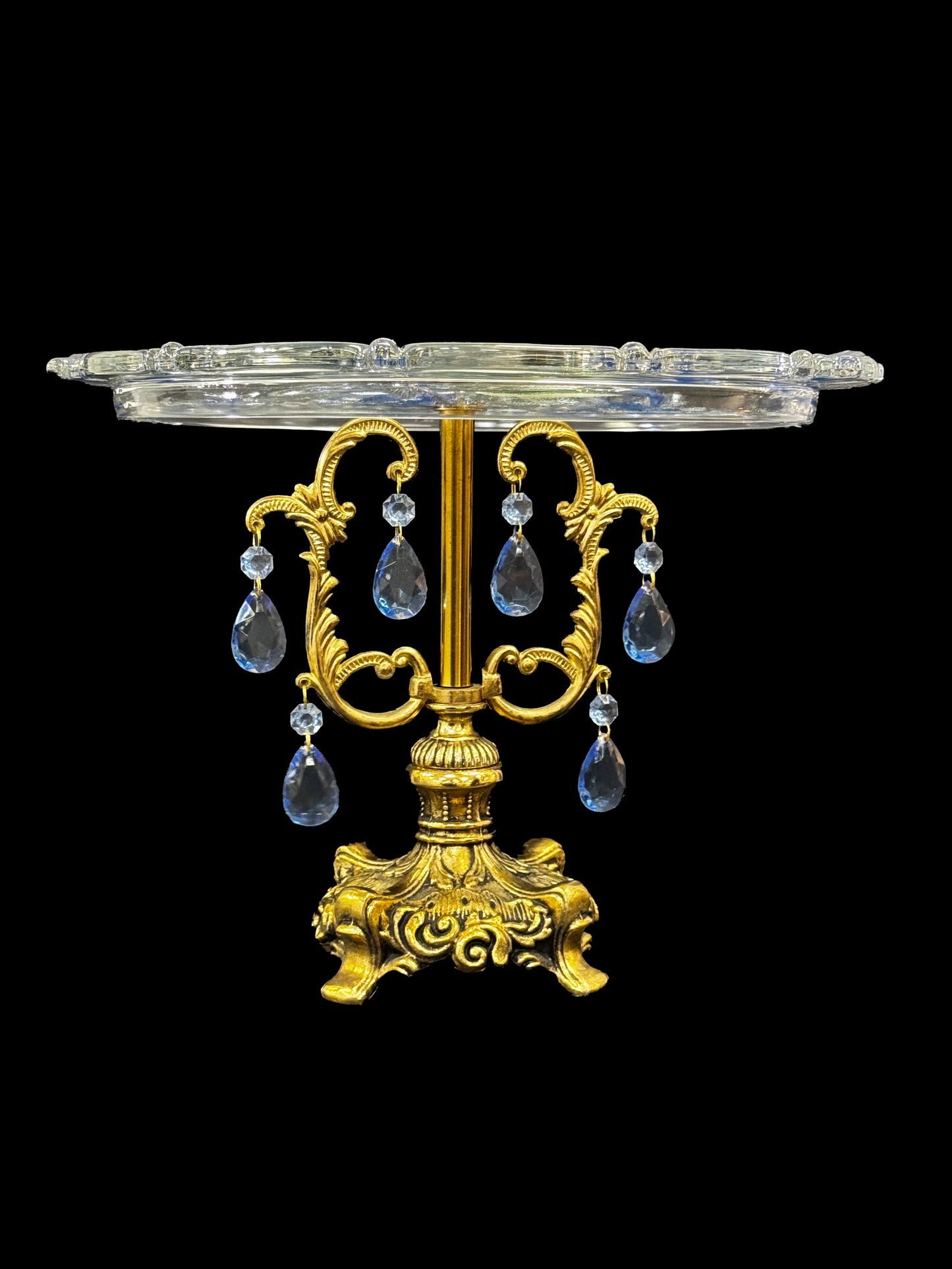 Mikasa BlueBells Glass Plate with Ornate Brass Pedestal and Blue Tear Drop Pendants