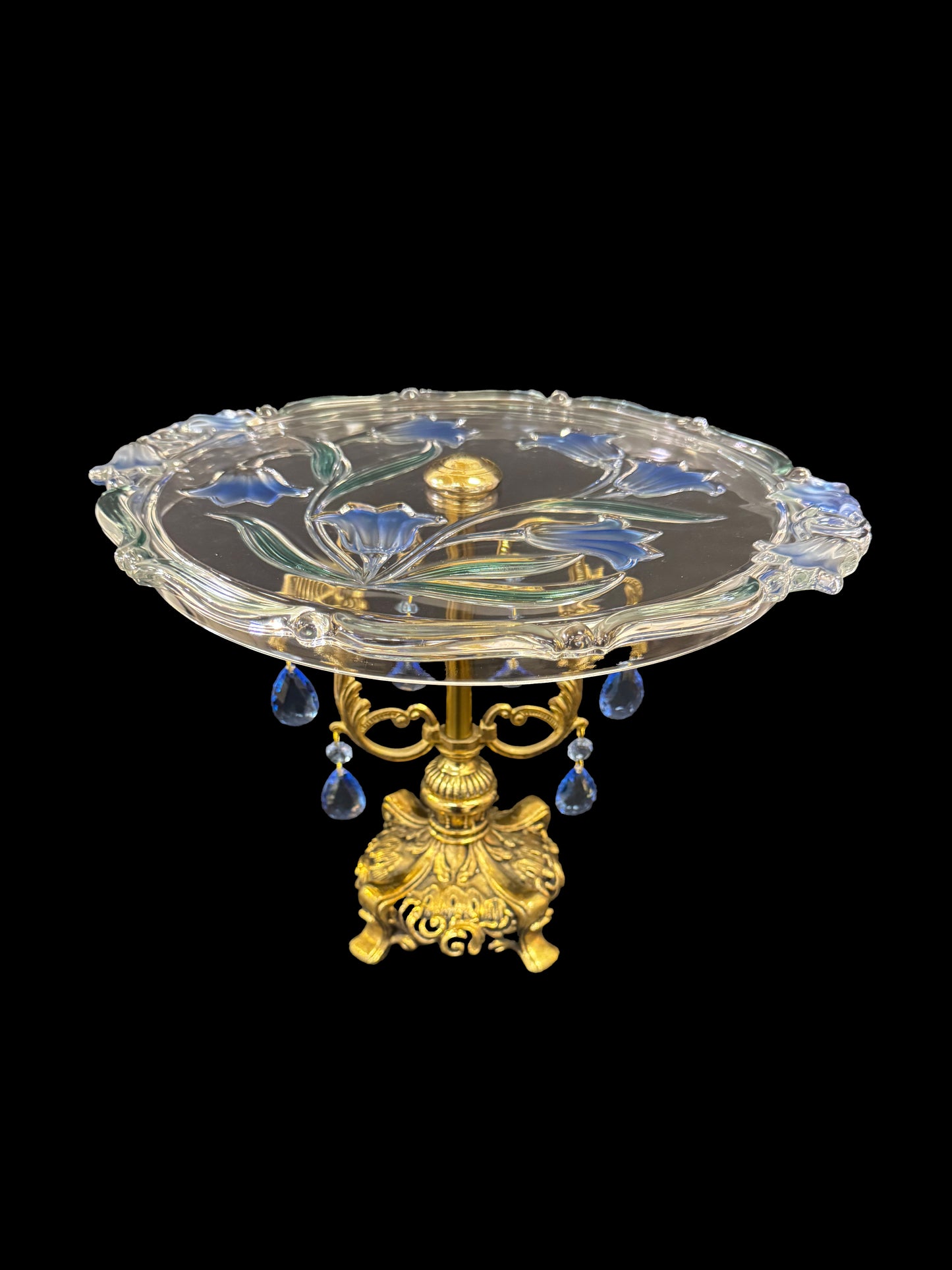 Mikasa BlueBells Glass Plate with Ornate Brass Pedestal and Blue Tear Drop Pendants