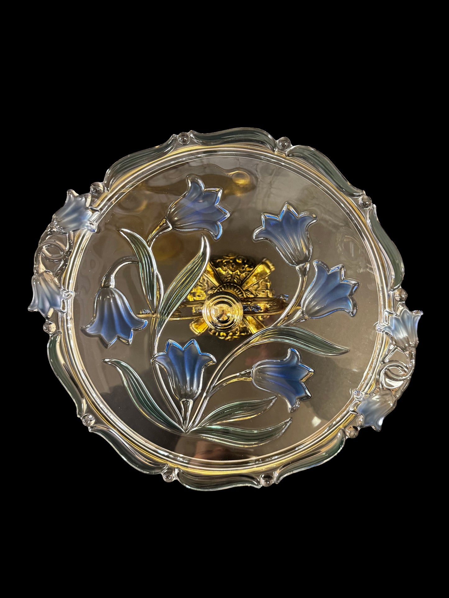 Mikasa BlueBells Glass Plate with Ornate Brass Pedestal and Blue Tear Drop Pendants