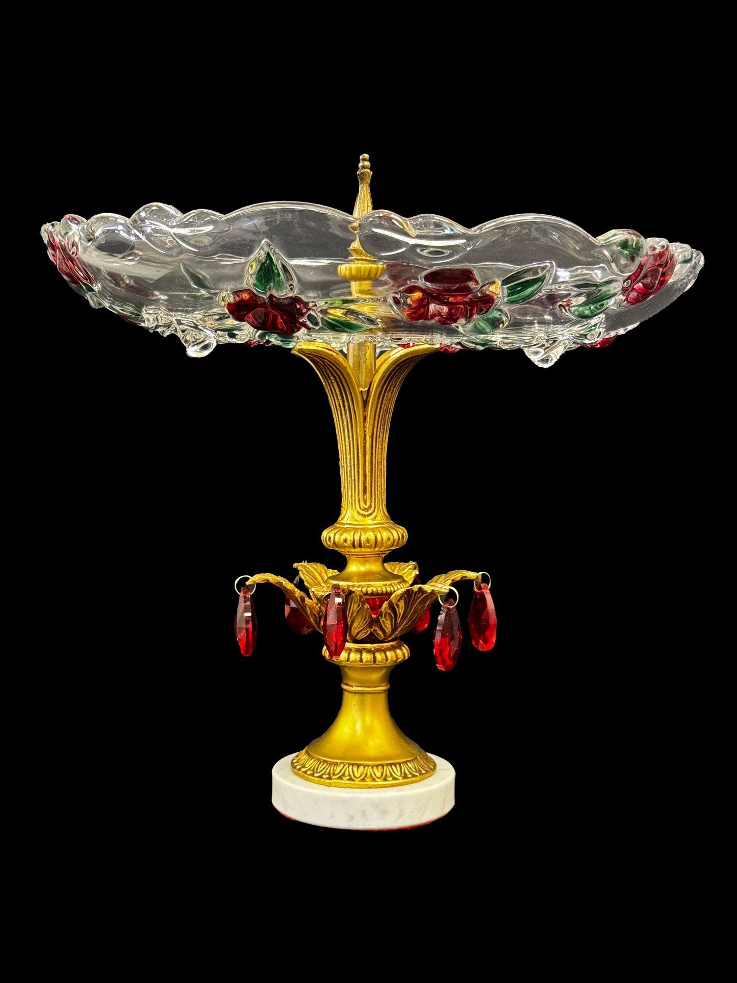 Mikasa Rose Garden Tray with Brass Marble Pedestal and Red Tear Drop Crystals