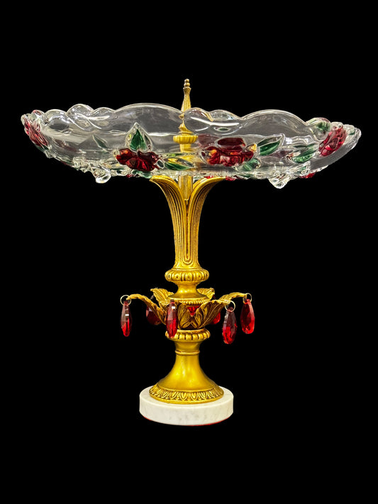 Mikasa Rose Garden Tray with Brass Marble Pedestal and Red Tear Drop Crystals