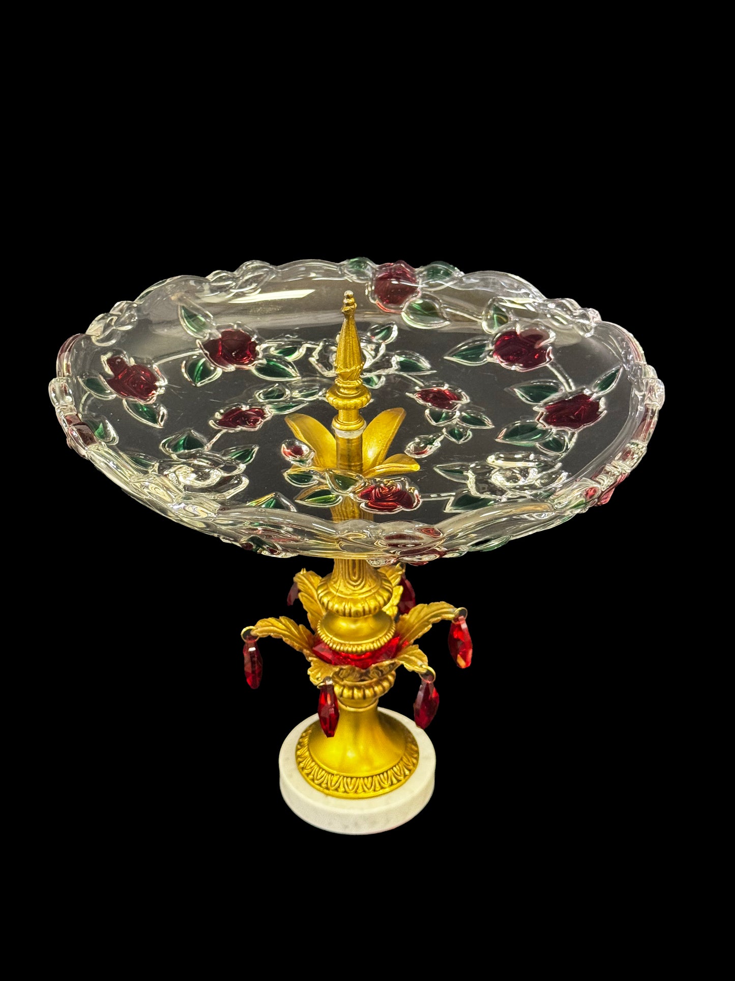 Mikasa Rose Garden Tray with Brass Marble Pedestal and Red Tear Drop Crystals