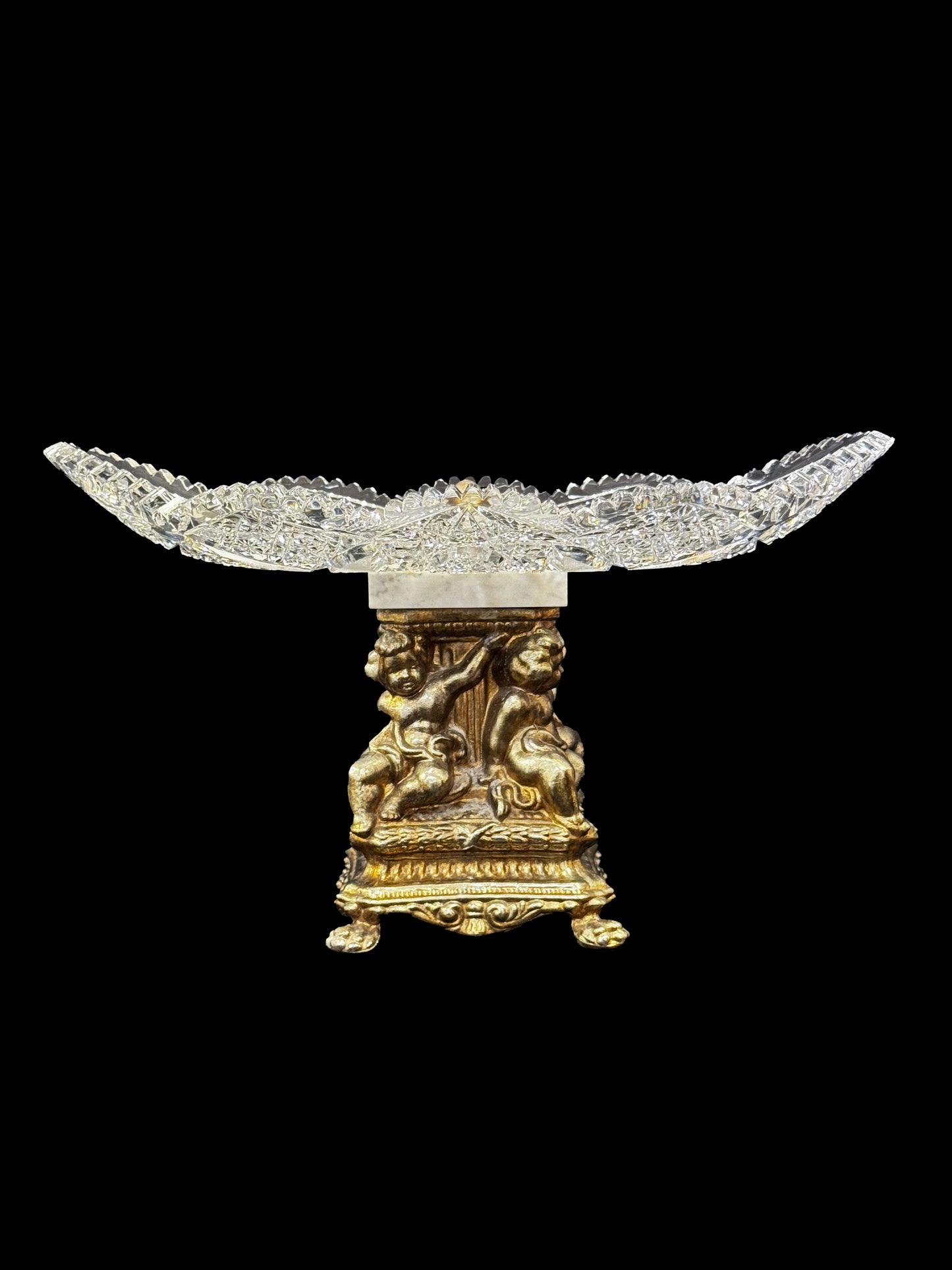 American Brilliant Cut Crystal Platter with Brass Cherub Pedestal