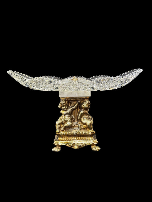 American Brilliant Cut Crystal Platter with Brass Cherub Pedestal